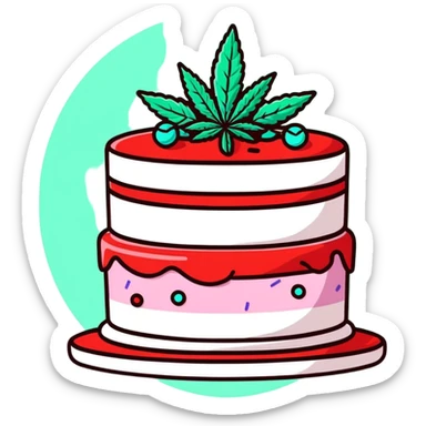 Festive confetti cake with mint leaves and a cannabis leaf as decoration sticker