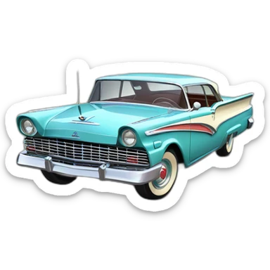 cartoonish drawing of 1957 Ford Fairlane; isometric view; atari gameplay; screen sticker
