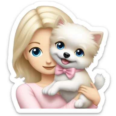 Blond girl white skin blue eyes hugging white Pomeranian with light pink bow sticker