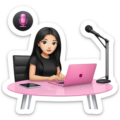 tanned long black hair woman, sat at desk with pink MacBook, podcast microphone black top and pink, sexy, glas table sticker