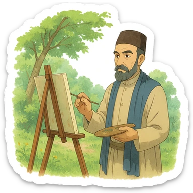 Kamal-ol-molk, Iranian painter, ghibli-inspired style, painting outdoors sticker