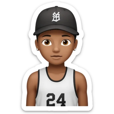 14-year-old Black boy, black cornrows, wearing a sports tank top and baseball cap sticker