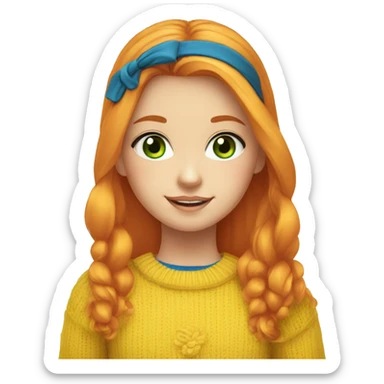 an cute young girl with long orange hair, green eyes and wears an yellow sweater with blue skirt and short white socks with black mary janes sticker