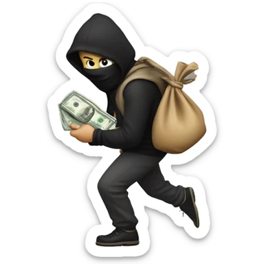 Robber tip toeing away while holding a bag of money over his shoulders  sticker