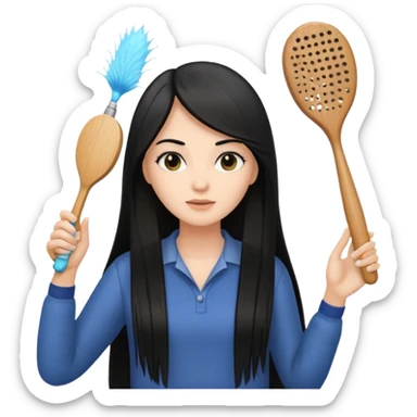 A white woman with long, straight black hair, holding a wooden paddle hairbrush in her left hand and spraying a hair mist bottle with her right hand toward her hair. sticker