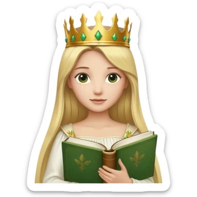 Long blonde straight Hair Women with green Book, white dress , crown

 sticker