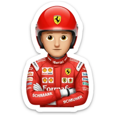 Michael Schumacher in his 2004 Ferrari racing suit, standing, red suit with sponsor logos, helmet under arm, confident pose, emoji style sticker