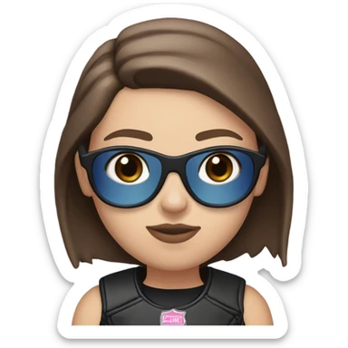 White girl with brown hair, slightly Asian looking. Riding on a blue Harley Davidson Road Glide with pink lenses glasses sticker