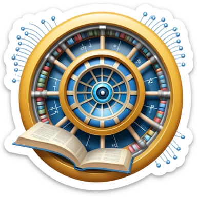 An icon featuring a physics textbook, a large Hadron Collider with particles flying off, symbolizing the study of physics. The design includes atomic models, energy waves, and scientific formulas, representing fundamental physical principles and research. Transparent background. sticker