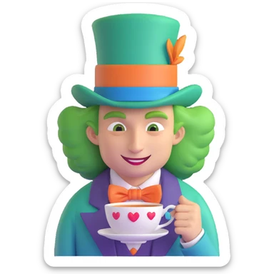 Alice in Wonderland Mad Hatter, eccentric character with a tall green hat, wild hair, bow tie, and a teacup, whimsical and colorful design, stylized as an emoji sticker
