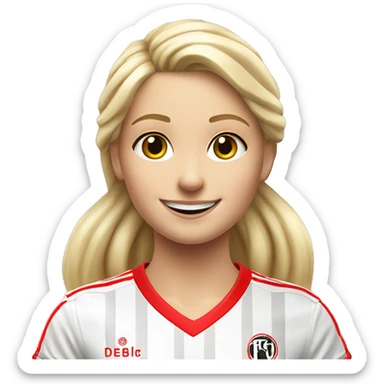 A blonde Girl smiling with a red and white Soccer jersey of the german Soccer Club 1. fc köln  sticker