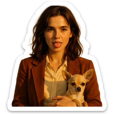 portrait centré d'une femme inspirée du visage de Zoe Deutch, teint hâlé, taches de rousseur discrètes, expression rebelle et enjouée, cheveux bruns mi-longs avec reflets auburn, chemise couleur #FFF8CA, veste rouille, tenant un chihuahua beige-marron, effet golden hour, fond transparent, style série Netflix, ambiance minimaliste et épurée sticker