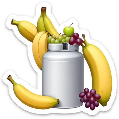 gasoline canister surrounded by a banana, an apple, and grapes, fuel can with fruits arranged around it sticker