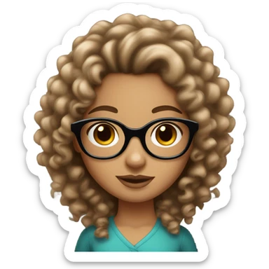 Curly brown haired girl bare volume in hair and brown eyes and leopard glasses sticker