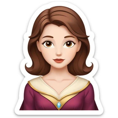 Cinematic Majestic Belle Portrait Emoji, rendered in a clean, vector-style with bold, simplified shapes. Show Belle with a serene, noble expression, fair skin and gracefully styled brown hair, her classic attire refined and understated. The design radiates a majestic, enchanting glow with high shine and a soft glowing outline, embodying royal elegance. sticker