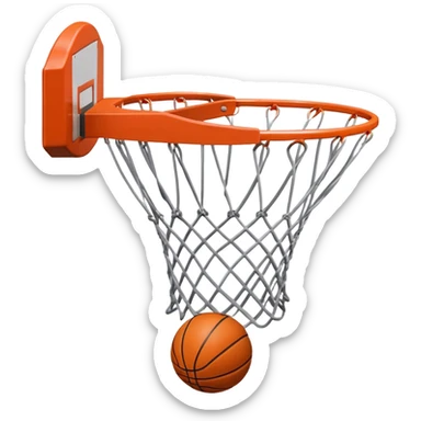 A close-up of a basketball shield and hoop with the ball swishing through the net, captured mid-air. The background emphasizes the tension and excitement of the moment, with the rim and net in sharp focus, showcasing the precision and skill of the sport. sticker
