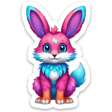 Vibrant multicolored neon-colored Falvie-Fionbri-creature-sparkle-rabbit-hybrid-fursona, full body, fur pattern-markings sticker