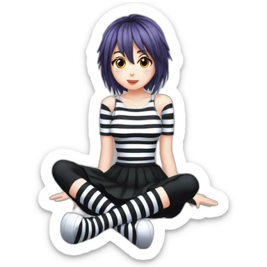 full body Front view emo girl sits on the floor black skirt torn striped stockings sticker