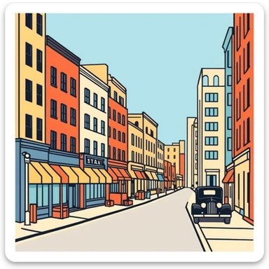 retro 1930s city street scene with anthropomorphised animals in t-shirts and shorts walking, black and white sticker