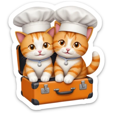 top-down view of one cat in a chef hat hugging another cat without a chef hat, both sitting on a suitcase, emoji style sticker