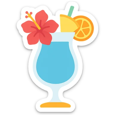 vibrant tropical fruity blue cocktail with hibiscus, pineapple and orange garnishes sticker