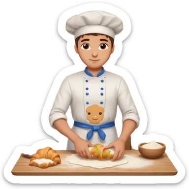 Young male baker – rolling croissant dough on a wooden table, flour on clothes

 sticker