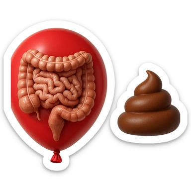 intestino umano anatomico chiuso in un palloncino rosso che simboleggia gonfiore, accanto un simbolo di cacca che simboleggia "diarrea", iperrealistico 4k sticker