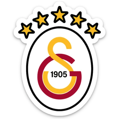 Galatasaray emblem with 5 stars on top, yellow and red tones, modern logo style, no background sticker