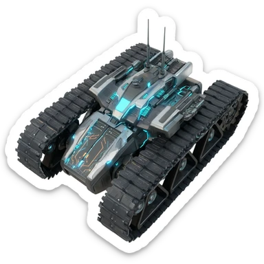 A top down view of a robot with tank tracks, in a cyber punk futuristic style far beyond what is currently available today, from the year 3000, the camera needs to be directly above the robot looking down sticker