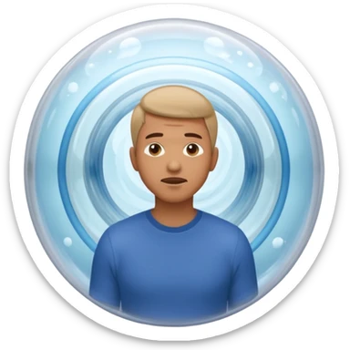 A man in simple casual clothes inside a transparent echo chamber bubble. Sound waves inside the bubble reflect back to him, showing only repeated versions of his own beliefs. Outside voices and symbols are muted or faded. Emoji-style render, soft lighting sticker