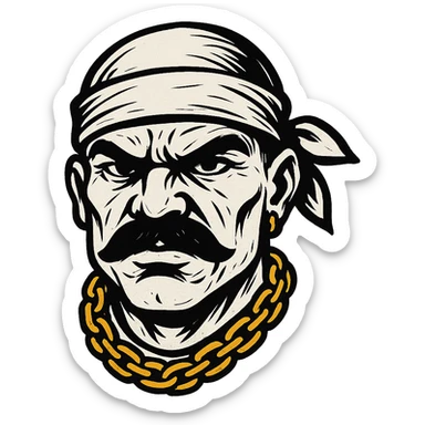 gangsta head with white skin, gold necklace, mustache, white headwear, bold and expressive style sticker
