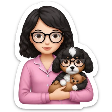 soft wavy black haired girl wearing black framed glasses in a pink pjs while holding her fluffy dog sticker