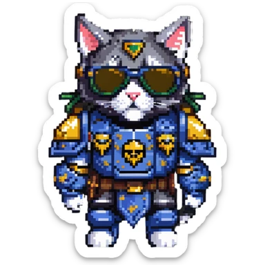 cat wearing sunglasses in Warhammer 40,000 inspired armor sticker