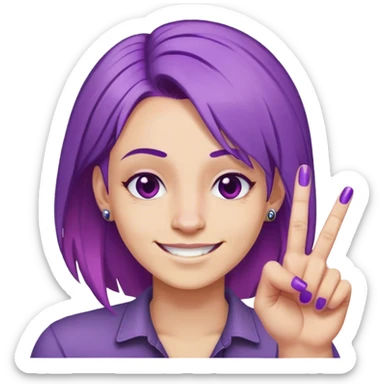 Grinned face, titled left, purple hair, middle fingers with fingernails painting sticker