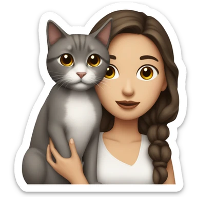 o woman with brown hair, dark brown eyes wear a white crop hold a grey cat and kiss it sticker