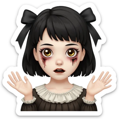 Cabelo ondulado  um pouco cheio e franja curta  Olhos marrons e pequenos e feita d ezumbi mais bonita com cabelo amarro na e com as mãos assim tipo assim🧟‍♀️ sticker