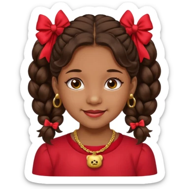 Brownskin girl dark brown hair fluffy. pigtails with red bows brown eyes smiling closed mouth red shirt gold esrrings gold necklace sticker