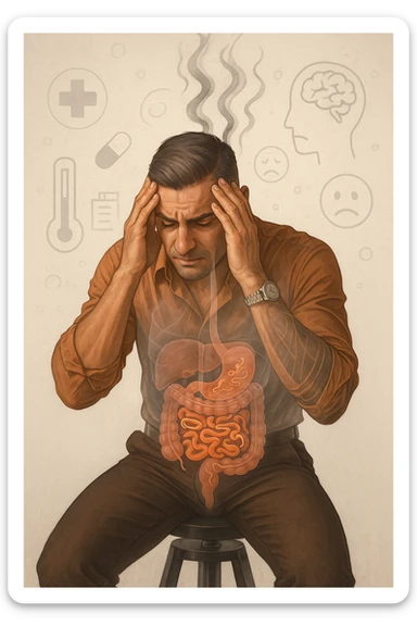 a person sits with a troubled expression, holding their head in their hands. A transparent overlay on their body reveals stylized images of parasites in the digestive tract, while faint, shadowy tendrils extend upward toward the brain, symbolizing the psychological impact. The background is clinical and educational, with subtle icons representing both physical and mental symptoms. sticker