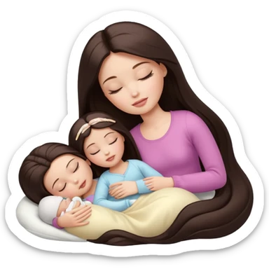 White Barbie girl dark brown long straight hair sleeping with white baby at cream bed sticker