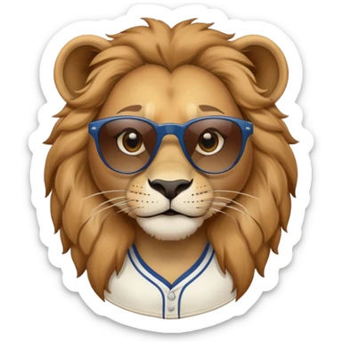 head and shoulders close-crop of a friendly anthropomorphised female lion wearing a baseball shirt and dark sunglasses sticker