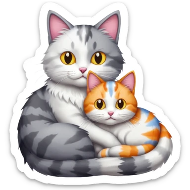 grey and white cat cuddling a colourful light patched calico + white tabby cat sticker