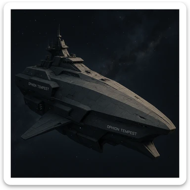 capital class space cruiser supercarrier of Zrian [human] origins, named the "Ophion Tempest"
The ship has a blocky military, yet sleek and angular design, mimicking a prehistoric sea-mammal or Cetacea  sticker