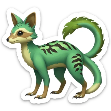  Greenish beautiful handsome gorgeous aesthetic colorful vibrant Vernid-Trico-species-Fakemon-creature by LiLaiRa, 4 legs, 1 tail, random markings, (full body) sticker