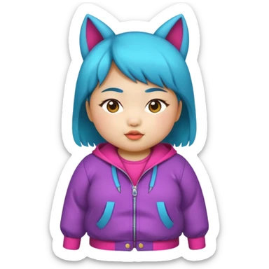 chubby Asian girl, wolf cut, baby face, age 15, colorful funky outfit sticker