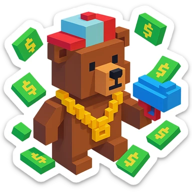 Russian grizzly bear with a rapper chain and a money gun, surrounded by dollar bills sticker