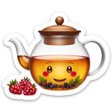 A cinematic realistic emoji with an attractive image of a transparent teapot with a realistic wooden lid filled with tea with berries, rich texture and warm, festive lighting. sticker