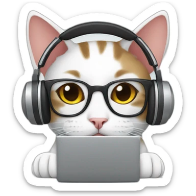 cat with headphone & laptop. sticker
