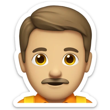 A male with brown short hair, British skin, a brown moustache, wearing an orange shirt and a large yellow tie. sticker