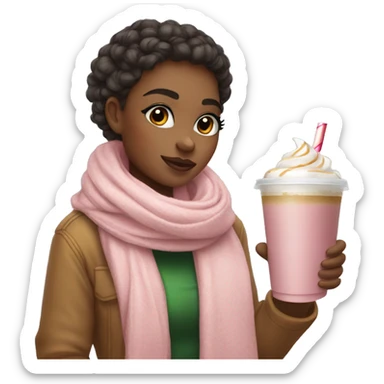 A girl with a cute pink scarf drinking an iced latte with Christmas vibes  sticker