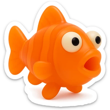 Transform this fish into a clownfish with a bright orange, semi-transparent, see-through plastic body in the same retro 90's toy style. Keep the derpy eyes, soft plastic, soft reflections, soft and squishy, some cloudiness, not shiny, highly detailed, appealing, no background. sticker